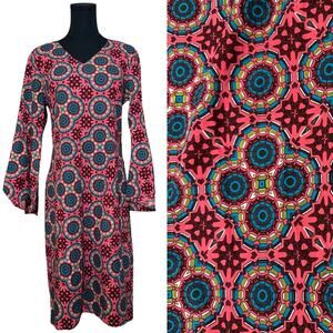NEW Ashro Dress Bell Sleeves Afrocentric Style Geometric Print Multicolor Size 8